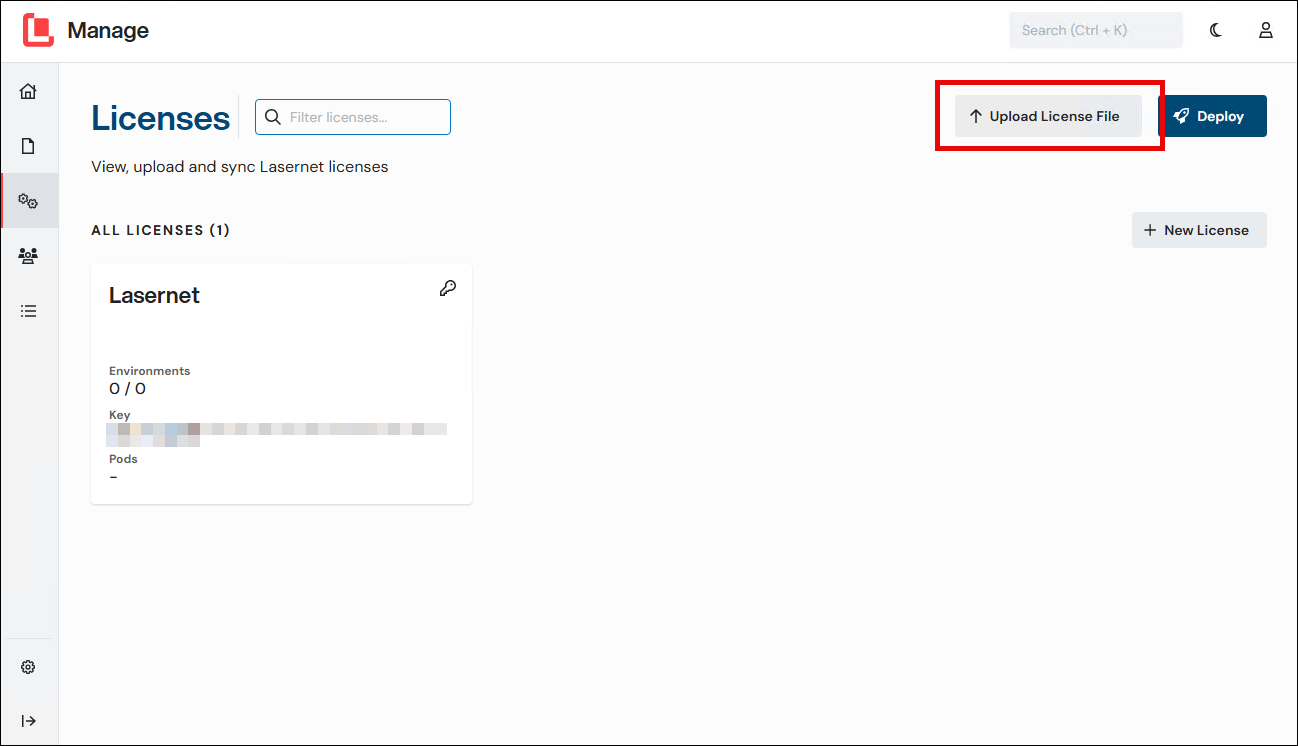 A rectangle indicates the position of the Upload License File button on the Licenses page.